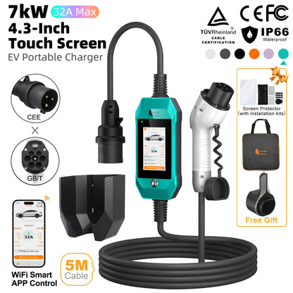 feyree GB/T EV Charger 7kW 32A 1P Touch Screen 4.3inch Smart WIFI APP Control EVSE Portable Charging Box forElectric Car Charger
