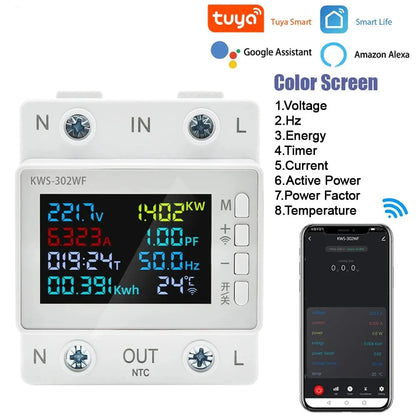 TUYA WiFi Smart Power Meter Over Under Voltage Protection Relay Switch Circuit Breaker Energy kWh Temperature Meter Smart Life by 54Grid - Renewable Energy Store