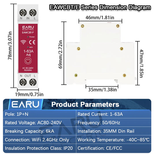 Tuya eWeLink MCB WiFi Smart Circuit Breaker 1P+N 63A Time Relay Switch Energy Meter kWh Voltage Current Protector Remote Control