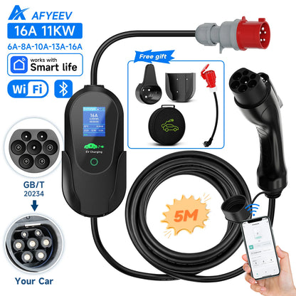 AFYEEV Type2 Portable EV Charger 11KW 16A 3 Phase GBT Electric Car Charger Wi-Fi APP Bluetooth Version Remote Control CEE Plug