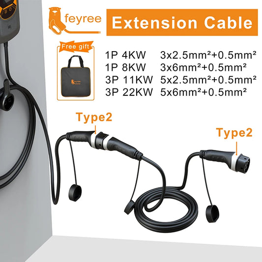 feyree EV Charger Extension Cable 5m Type2 Female to Male Plug 4kW/8kW/11kW/22kW for Electric Vehicle Cord EVSE Charging Station