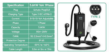 AFYEEV 3.6KW 16A Portable EV Charger Type2 IEC62196-2 EVSE Charging Cable Type1 SAE J1772 EU Plug Wallbox for Electric Car