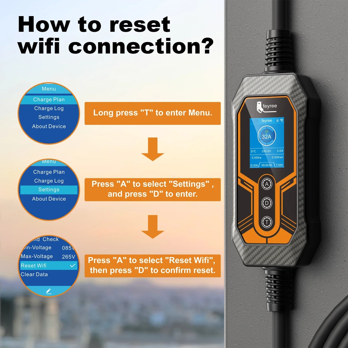 feyree Portable EV Charger Type2 32A 7KW Wi-Fi APP Control Current Adjustable Smart Timing Charging EVSE Wallbox Home&Outdoor