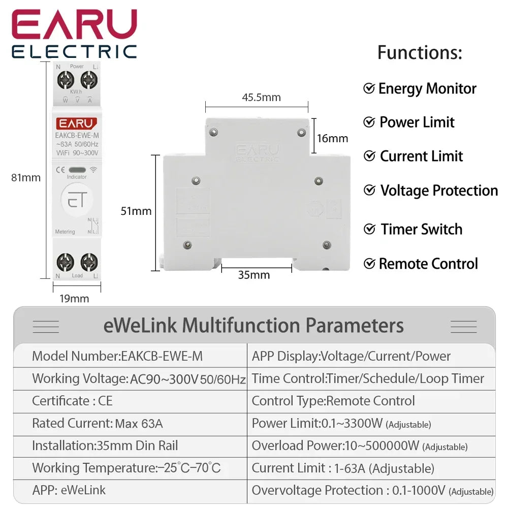 eWeLink WiFi Smart Circuit Breaker MCB 1P 63A Timer Power Energy kWh Voltage Current Meter Protector Voice Remote Control Switch by 54Grid - Renewable Energy Store