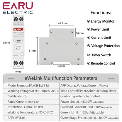 eWeLink WiFi Smart Circuit Breaker MCB 1P 63A Timer Power Energy kWh Voltage Current Meter Protector Voice Remote Control Switch by 54Grid - Renewable Energy Store