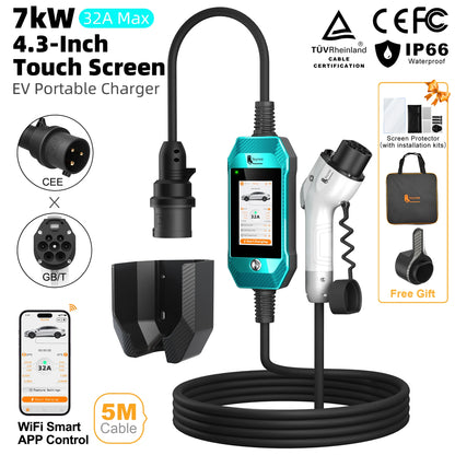 feyree EV Charger 4.3inch Touch Screen Type2 /Type1 /GBT /TS-NACS 32A 7kW 1P Portable Charger Smart APP WiFi Control for EV Cars