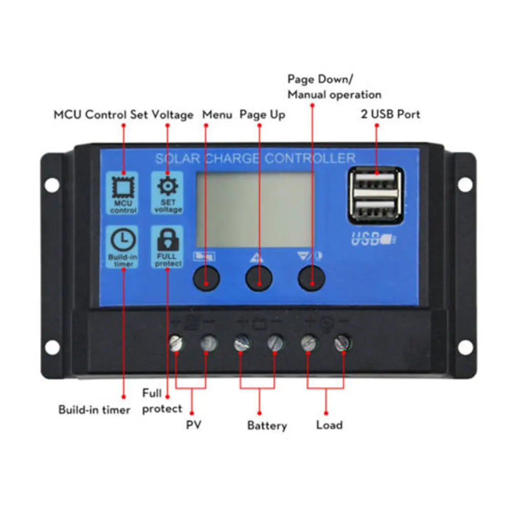 FLTXNY 12V 24V Auto Recognition Solar Panel PV Regulator Battery Charger PWM Solar Charge Controller LCD Dualusb 5V Output by 54Grid - Renewable Energy Store