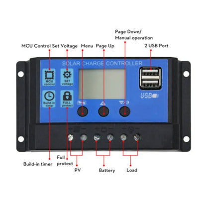 FLTXNY 12V 24V Auto Recognition Solar Panel PV Regulator Battery Charger PWM Solar Charge Controller LCD Dualusb 5V Output by 54Grid - Renewable Energy Store