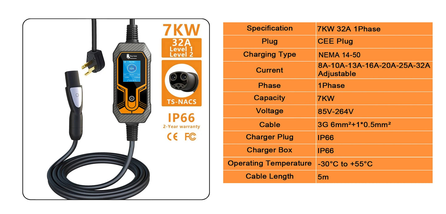 feyree Portable EV Charger Wallbox Tesla 7KW 32A 1Phase Level 2 with 5m Cable Current Adjustable for all Tesla Models 3/Y/S/X