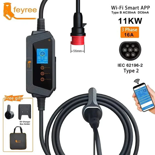 feyree Type2 11KW 16A 3Phase Portable EV Charger Car Charger Wi-Fi APP Control EVSE Charging Box CEE Plug for Electric Vehicle