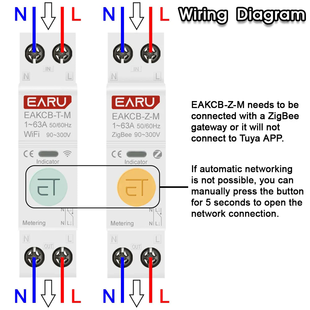 Tuya ZigBee WiFi Smart Circuit Breaker 1P+N 63A MCB Timer Relay Switch Energy Meter kWh Voltage Current Protector Remote Control