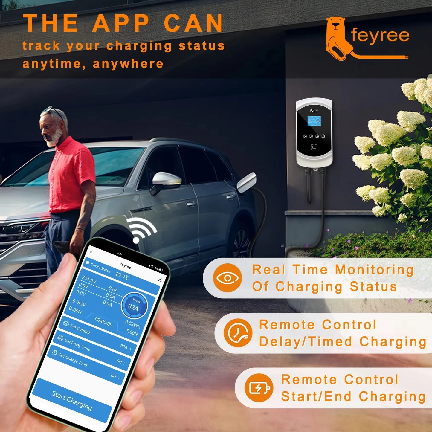 feyree EV Charger 32A 22KW 3Phase 11KW 16A Electric Car Charger EVSE Wallbox 7.6KW 32A Type2 Cable IEC62196-2 Socket APP Control
