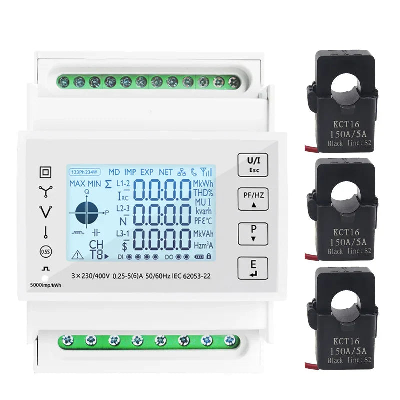 Din Rail 3 Phase Energy Monitor Consumption Power Meter kwh Ammeter With 3PCS RS485 Modbus 50/100/15/200CT 230VAC by 54Grid - Renewable Energy Store
