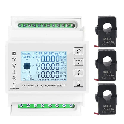 Din Rail 3 Phase Energy Monitor Consumption Power Meter kwh Ammeter With 3PCS RS485 Modbus 50/100/15/200CT 230VAC by 54Grid - Renewable Energy Store