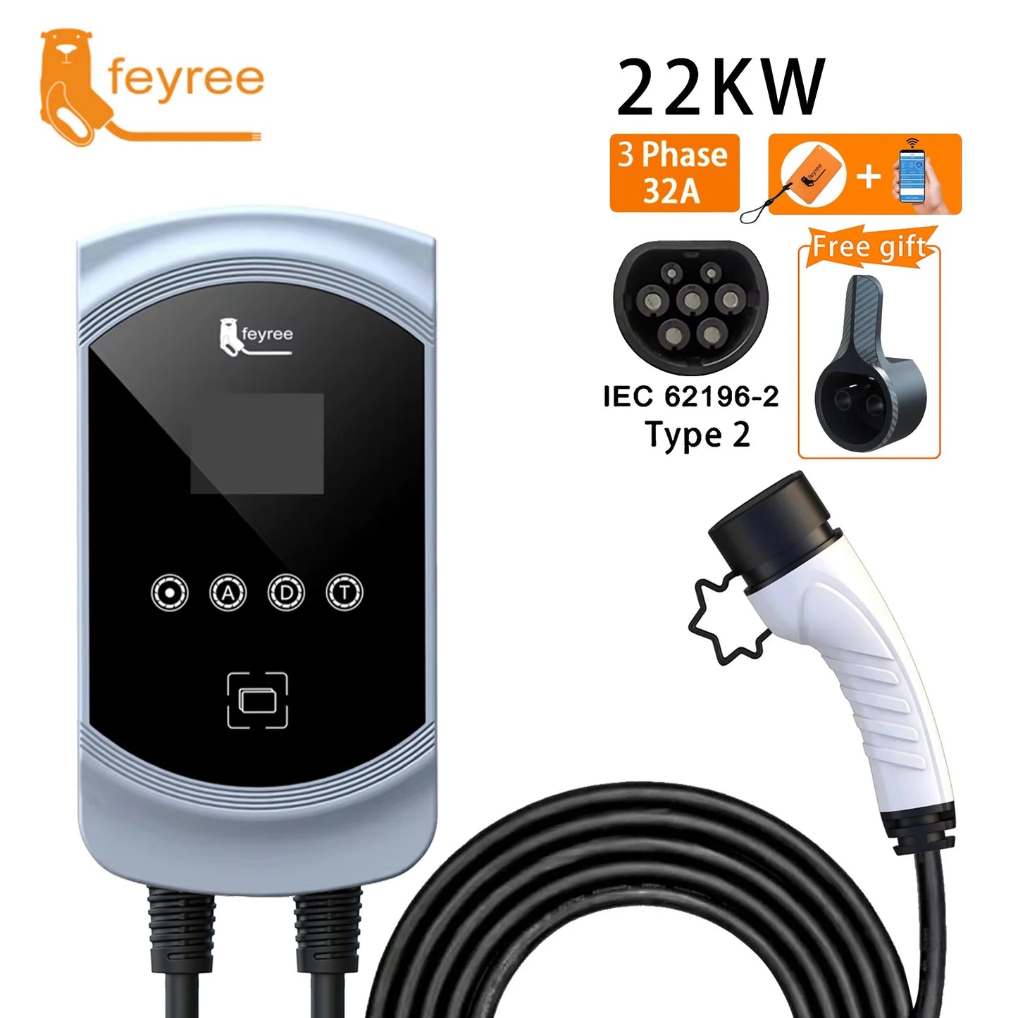 feyree EV Charger 32A 22KW 3Phase 11KW 16A Electric Car Charger EVSE Wallbox 7.6KW 32A Type2 Cable IEC62196-2 Socket APP Control