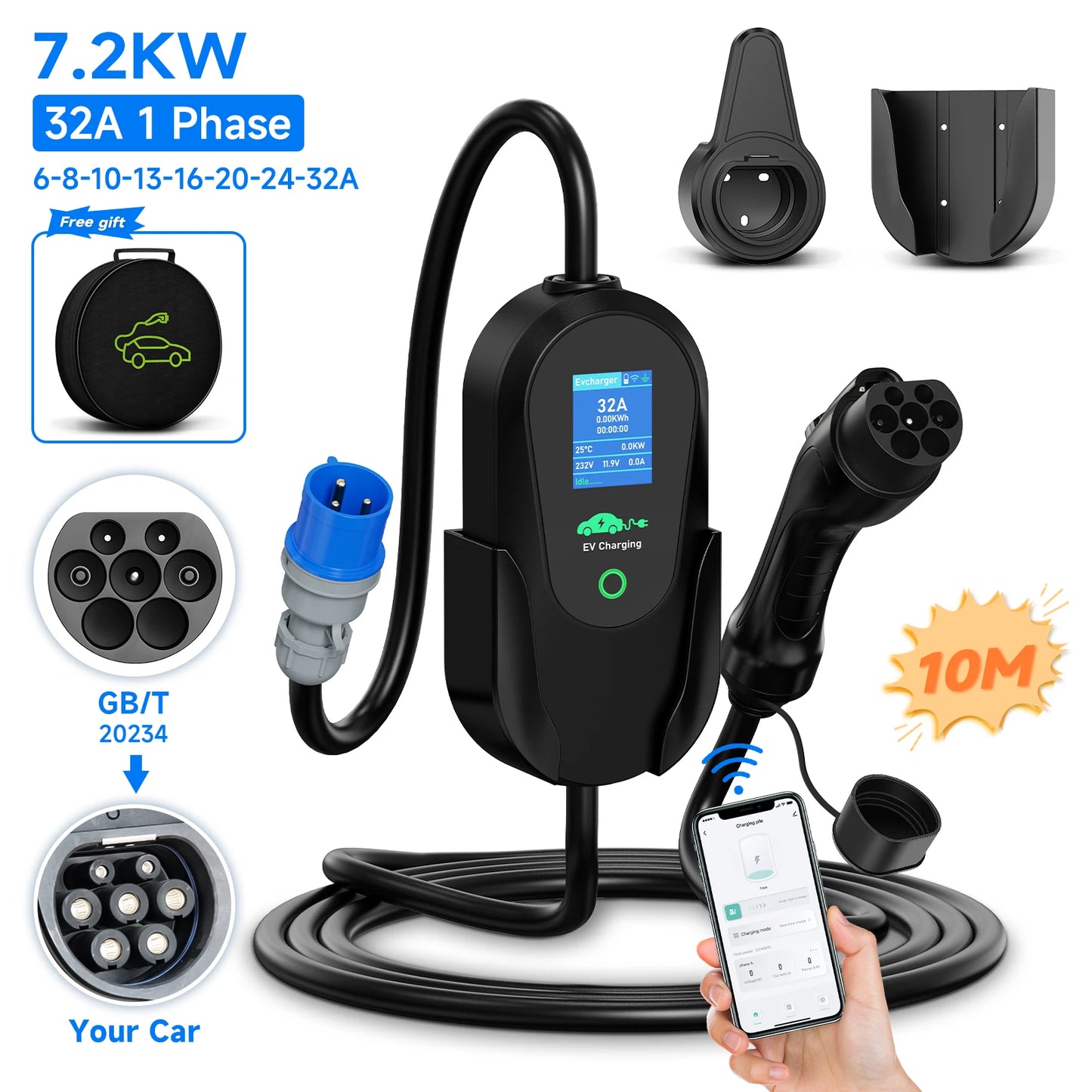 AFYEEV 7.2KW 32A Portable Type2 IEC62196-2 EV Charger Type1 SAE J1772 Electric Car Charger GBT EVSE Charging Cable WiFi APP