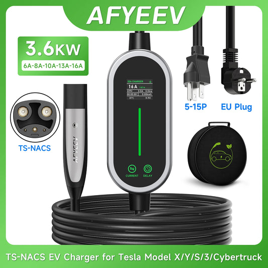 AFYEEV 16A 3600W Portable EV Charger For Tesla EU US Plug 5M TS-NACS Electric Car Charger For Tesla Model X/Y/S/3/Cybertruck