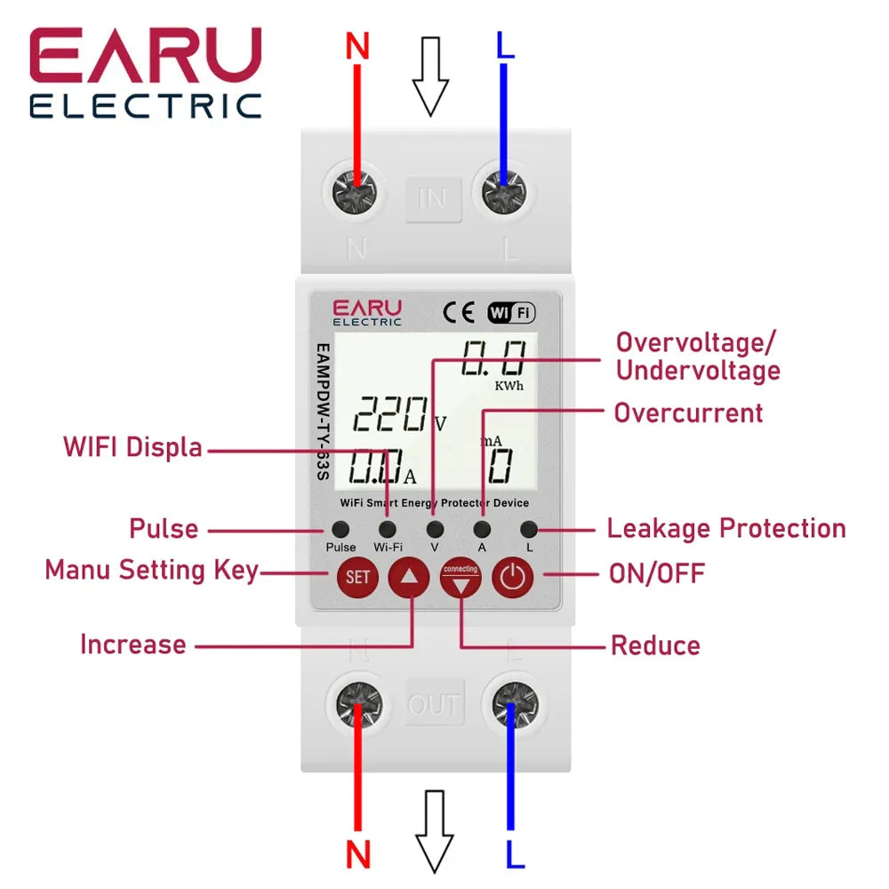 63A Tuya Smart WiFi Circuit Breaker Switch BI-Direction Measuring Earth Leakage Over Under Voltage Protector Energy Power Meter by 54Grid - Renewable Energy Store
