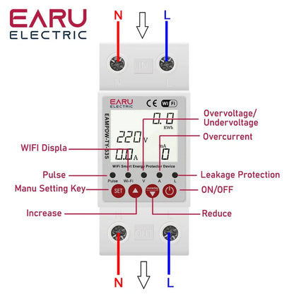 63A Tuya Smart WiFi Circuit Breaker Switch BI-Direction Measuring Earth Leakage Over Under Voltage Protector Energy Power Meter by 54Grid - Renewable Energy Store