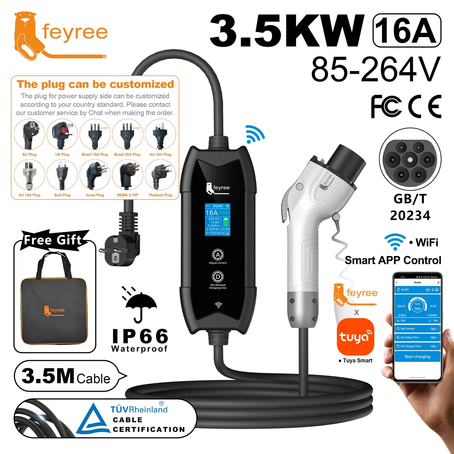 feyree GB/T Portable EV Charger 3.5m Cable with WIFI APP Control 16A 3.5kW Set Charging&DelayTime for EV Cars,Plug customizable