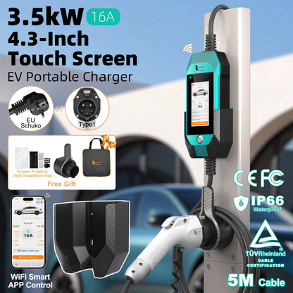 feyree Type1 3.5kW 16A Portable EV Charger 4.3 inch Touch Screen Smart WIFI APP Remote Control Design AC EV Charging Station