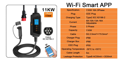feyree Portable EV Charger Type2 22KW 11KW 3P Fast Charging 32A 7KW 1P Smart APP Wi-Fi Control for Electric Vehicle Car Charger