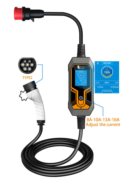 feyree EV Charger Portable Type2 11KW 16A 3 Phase EVSE Charging Box Current Adjustable CEE Male Plug for Electric Car Charger