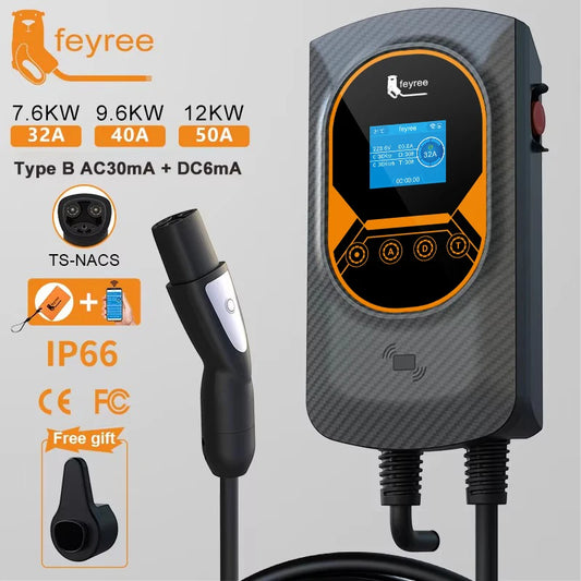 feyree EV Charging Station for TS-NACS Socket EVSE Wallbox 32A 7.6KW 40A 9.6KW 50A 12KW Fast Charging APP Control for Tesla Car