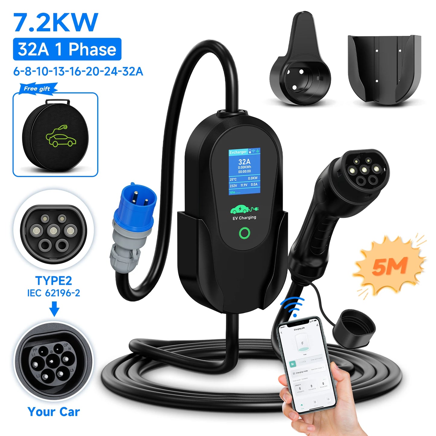 AFYEEV 7.2KW 32A Portable Type2 IEC62196-2 EV Charger Type1 SAE J1772 Electric Car Charger GBT EVSE Charging Cable WiFi APP
