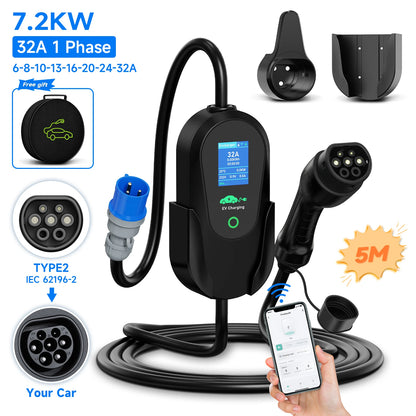 AFYEEV 7.2KW 32A Portable Type2 IEC62196-2 EV Charger Type1 SAE J1772 Electric Car Charger GBT EVSE Charging Cable WiFi APP