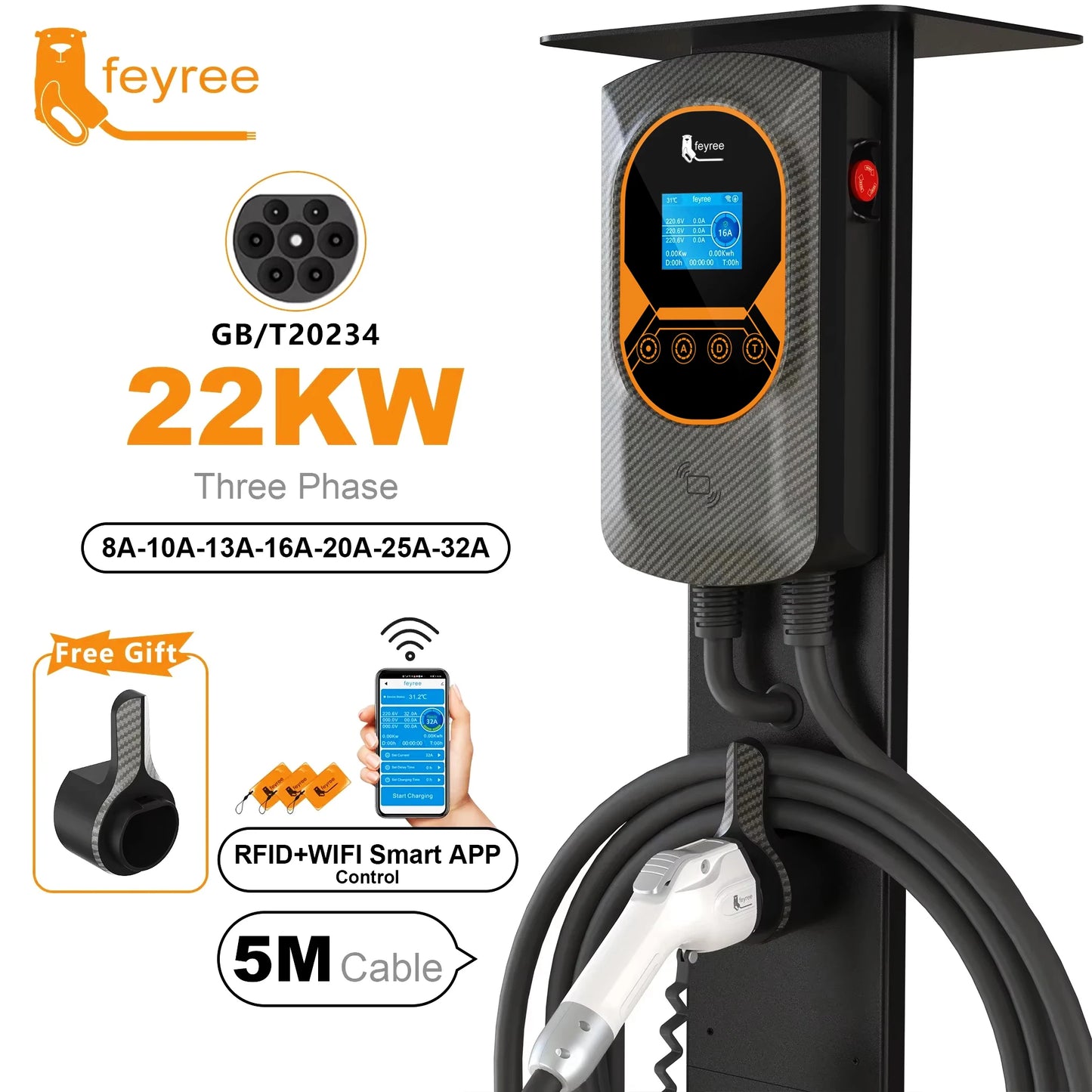 feyree GB/T Socket 32A 7.6KW 1 Phase 22KW 11KW 3Phase Smart APP WIFI Control