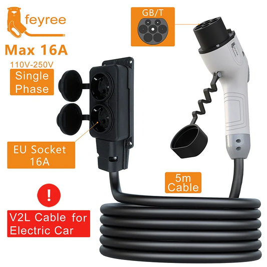 feyree V2L Cable Discharge Plug EV Charger GBT Socket 16A Charging Cable 5m with EU Adapter Outdoor Power Station Electric Car by 54Grid - Renewable Energy Store