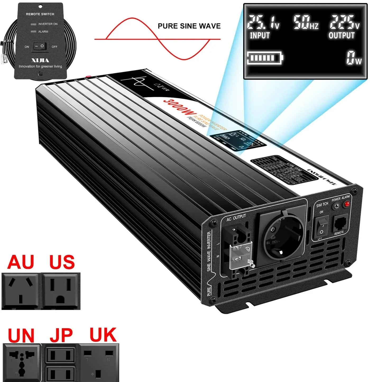 3000W pure sine wave solar car power inverter 12V/24V/48V DC to 110V 220V AC LCD screen - 54Grid - Renewable Energy Store