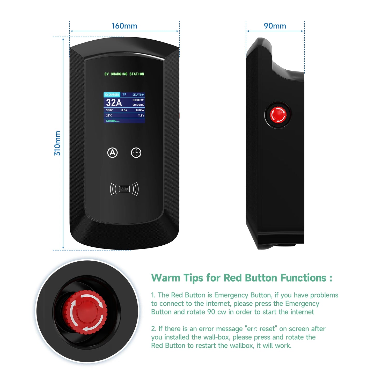 AFYEEV 32A EV Charging Station 22KW 3Phase Electric Vehicle Car Charger 11KW Type2 IEC62196-2 EVSE Wallbox APP Control 5m Cable