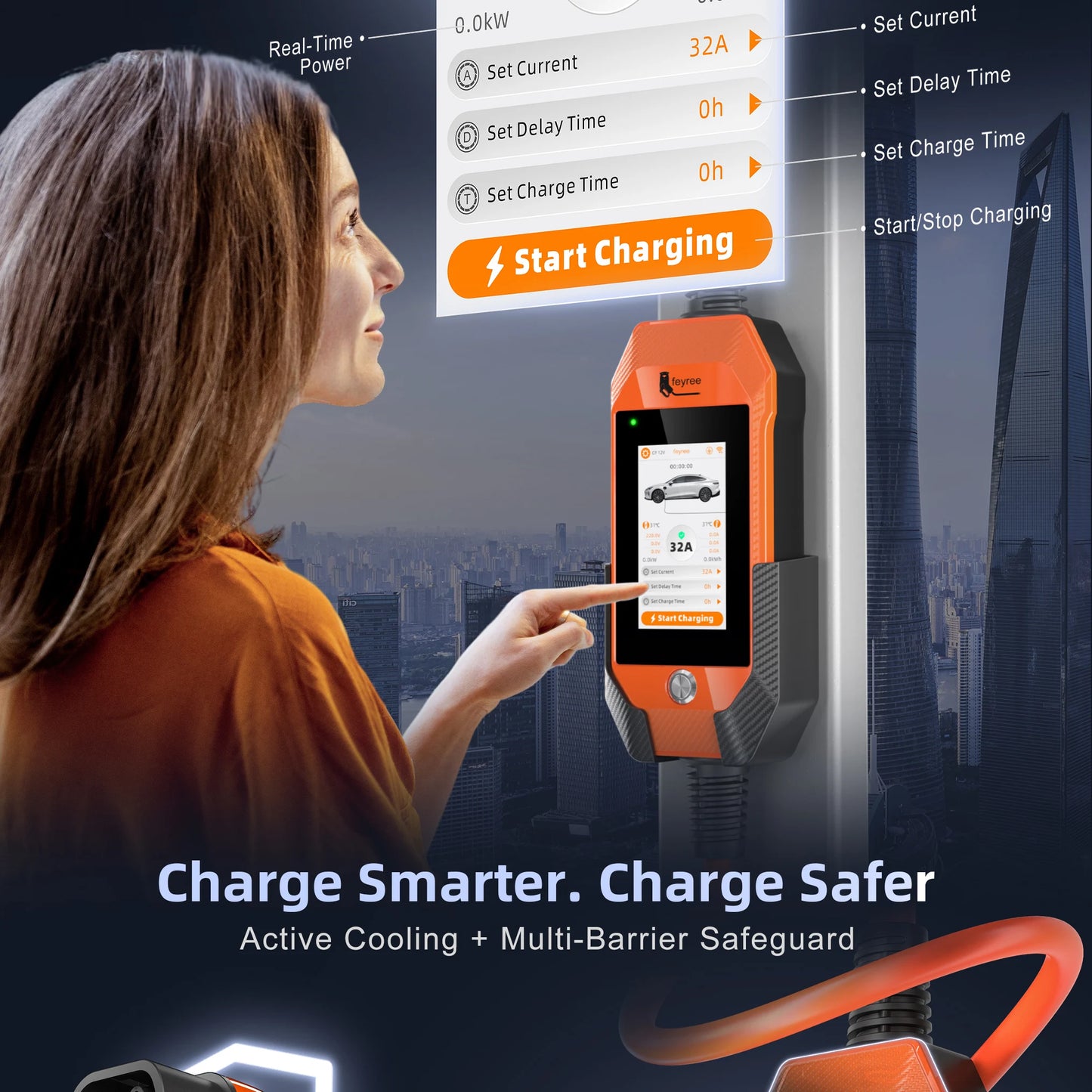 feyree Touch Screen Portable EV Charger Type2 / Type1 / GBT / TS-NACS Socket EV Charger 32A 7KW 1 Phase Smart APP Wi-Fi Control