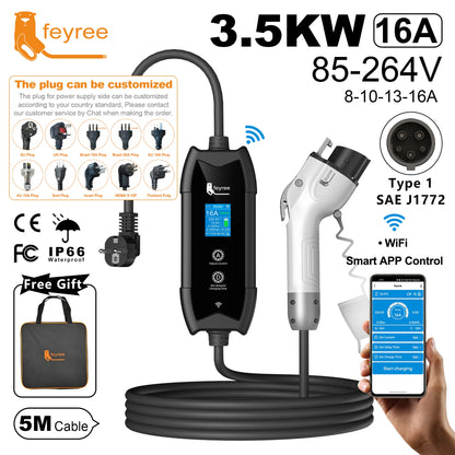 feyree Type1 Portable EV Charger 5m Cable with WIFI APP Control 16A 3.5KW Set Charging&DelayTime for EV Cars,Plug customizable
