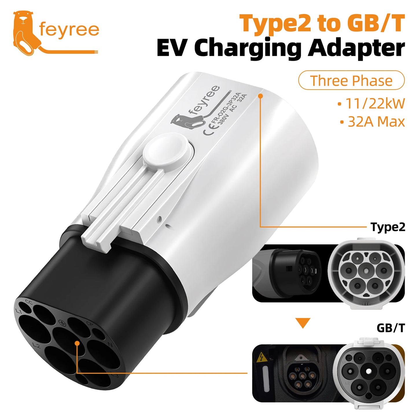 Feyree EV Charger Adapter Type2 to GB/T Converter 32A 22KW 3P for China Standard Electric Vehicle 7KW 32A 1P EV Car Connector