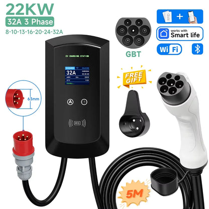 AFYEEV 22KW GB/T EV Charging Station 32A Electric Vehicle Car Charger EVSE Wallbox Wallmount RFID WiFi Bluetooth APP Control