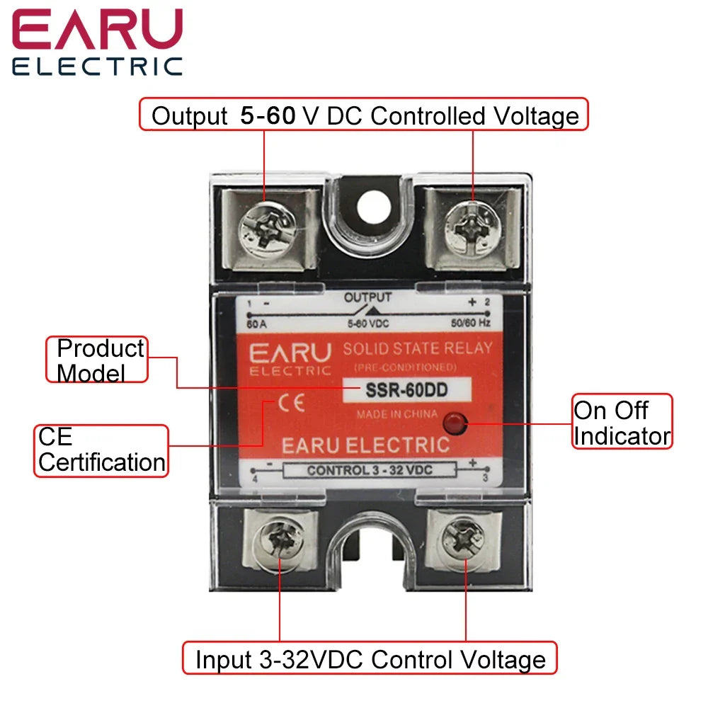 SSR-25DD SSR-40DD SSR 10A 60A 80A 100A Single Phase Solid State Relay Module DC 3-32V Input DC 5-60V Output Voltage Transformer by 54Grid - Renewable Energy Store
