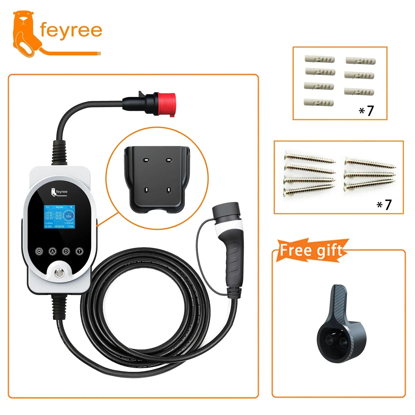 feyree 22KW Type2 Cable EVSE Wallbox & Portable EV Charger 32A 3Phase Wi-Fi APP Smart Fast Charging Station for Electric Vehicle