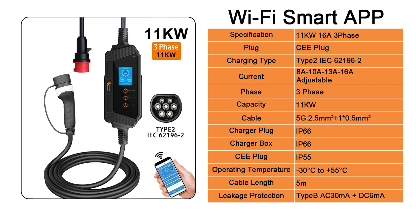 feyree Type2 Cable Portable EV Charger 11KW 16A 3P Car Charger Wi-Fi APP Control EVSE Charging Box CEE Plug for Electric Vehicle