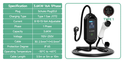 AFYEEV Portable Type2 IEC62196-2 EV Charger 16A GB/T EVSE Charging Cable Type1 SAE J1772 EU Plug Controller Wallbox for Car