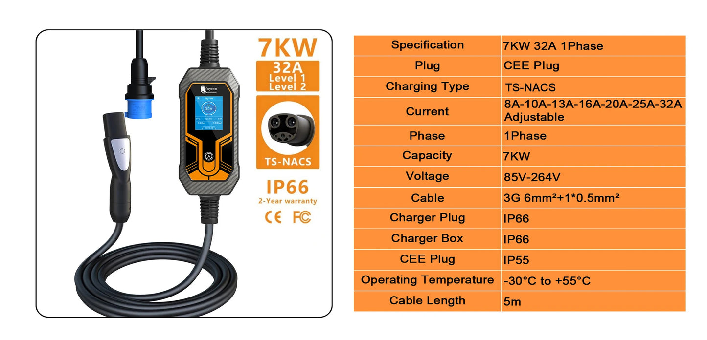 feyree Portable EV Charger Wallbox Tesla 7KW 32A 1Phase Level 2 with 5m Cable Current Adjustable for all Tesla Models 3/Y/S/X