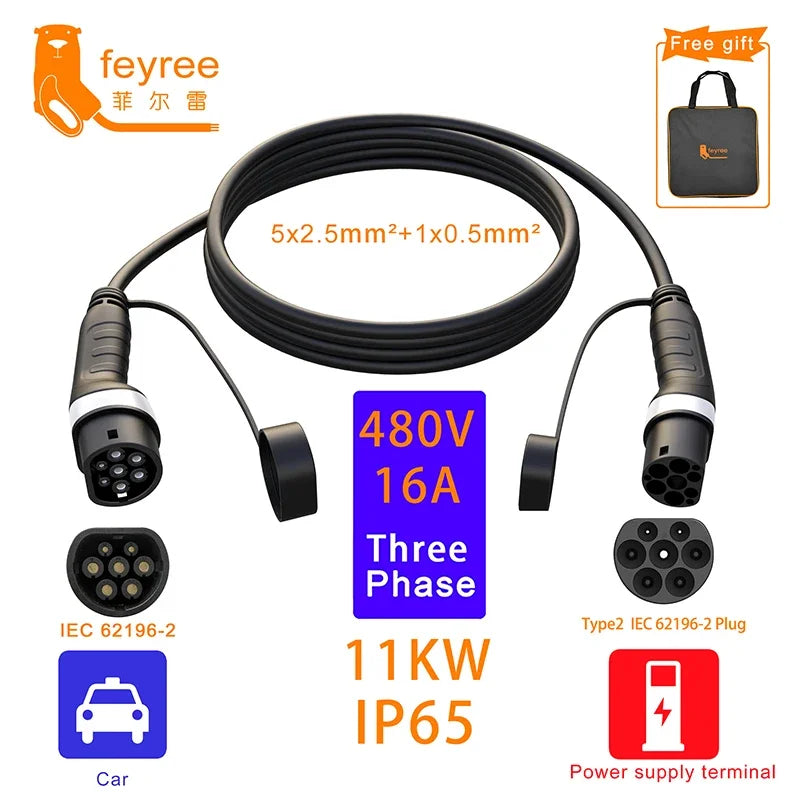feyree EV Charger Type2 to Type2 Charging Cable 32A 7KW 1Phase 16A 3.5KW 11KW 22KW 3Phase Charger Station for Electric Vehicle