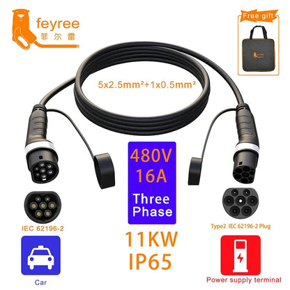 feyree EV Charger Type2 to Type2 Charging Cable 32A 7KW 1Phase 16A 3.5KW 11KW 22KW 3Phase Charger Station for Electric Vehicle