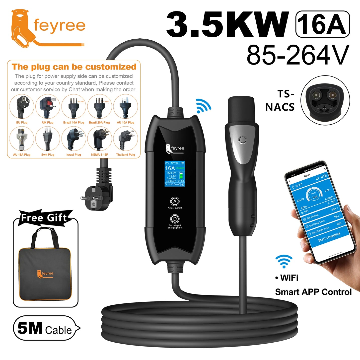 feyree EV Charger TS-NACS Socket 16A 3.5KW APP Control EVSE Portable Charging for Tesla Cars Models 3/Y/S/X Set Charge&DelayTime