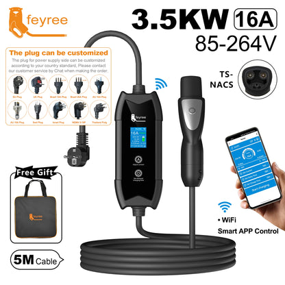 feyree EV Charger TS-NACS Socket 16A 3.5KW APP Control EVSE Portable Charging for Tesla Cars Models 3/Y/S/X Set Charge&DelayTime