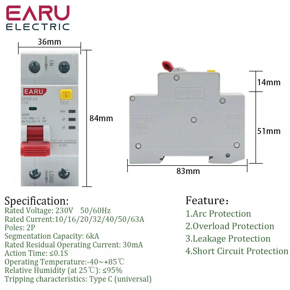 2P 220V AFDD 63 AFCI Arc Fault Protector Device RCBD Circuit Breaker Interrupted Overload Earth Leakage Short Circuit Protection by 54Grid - Renewable Energy Store