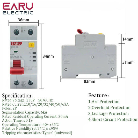 2P 220V AFDD 63 AFCI Arc Fault Protector Device RCBD Circuit Breaker Interrupted Overload Earth Leakage Short Circuit Protection by 54Grid - Renewable Energy Store