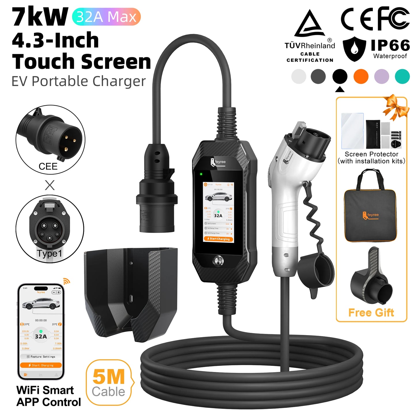 feyree 4.3'' TouchScreen Type1 Charging Plug Portable 7kW EV Charger Dual Temp Portection with Smart APP OTA Upgrade AC Charger